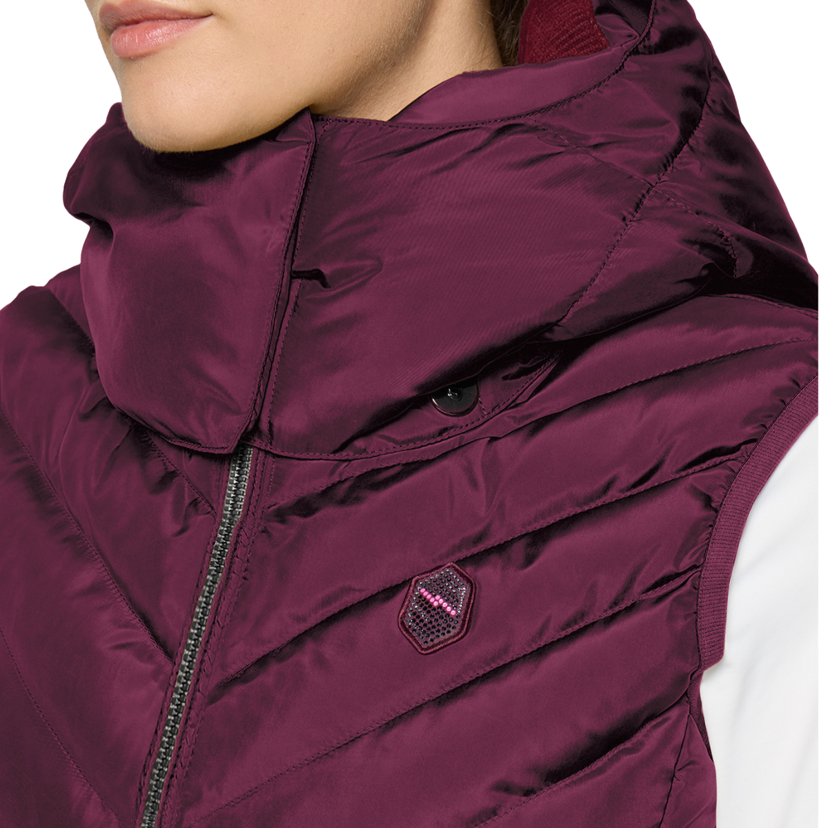Samshield Women's Chamonix Light Puffer Vest, plum, collar view