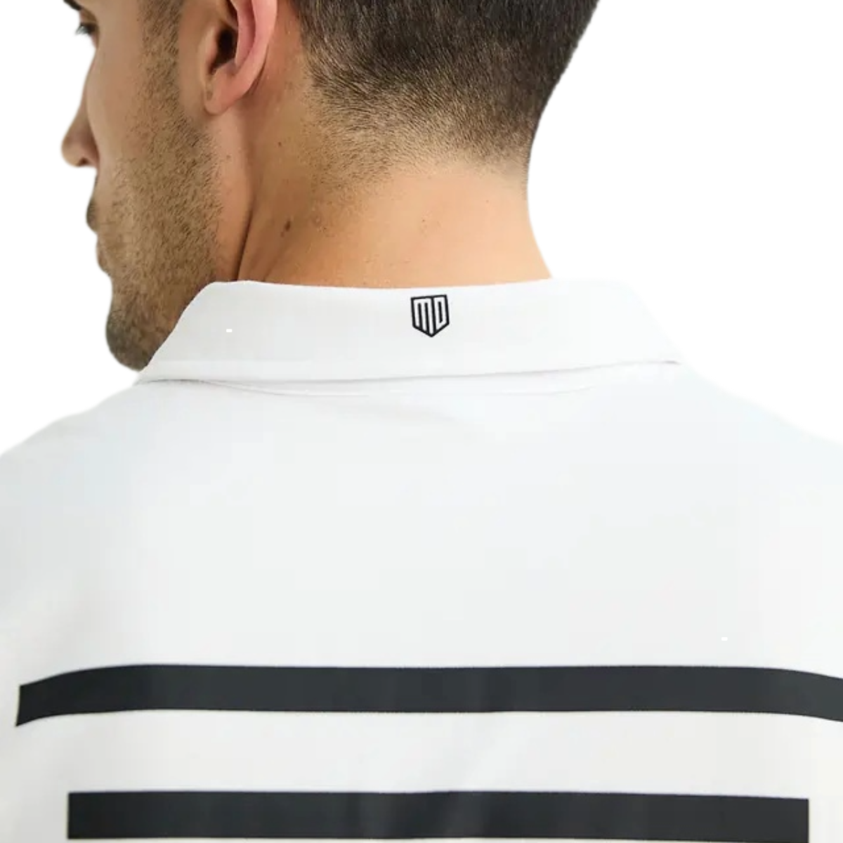 Maya Delorez Men's Tech Polo-White-Neck Logo View