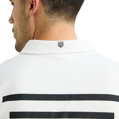 Maya Delorez Men's Tech Polo-White-Neck Logo View
