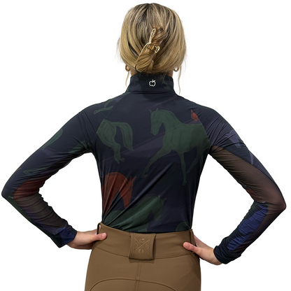 Dapplebay Kid's Abstract Horses 1/4 Zip Long Sleeve Riding Top-purple dusk-back view