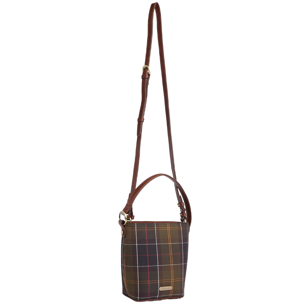 Barbour Cedar Mini Tartan Bucket Bag, Classic Tartan, full view with strap