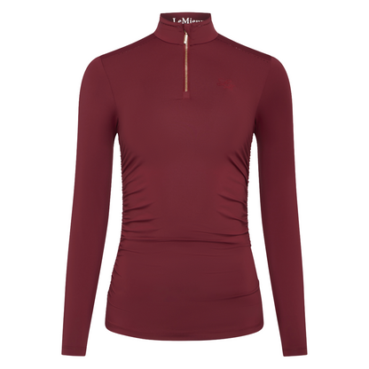 LeMieux Women's Lustre Ruched Long Sleeve Base Layer  front view in Garnet