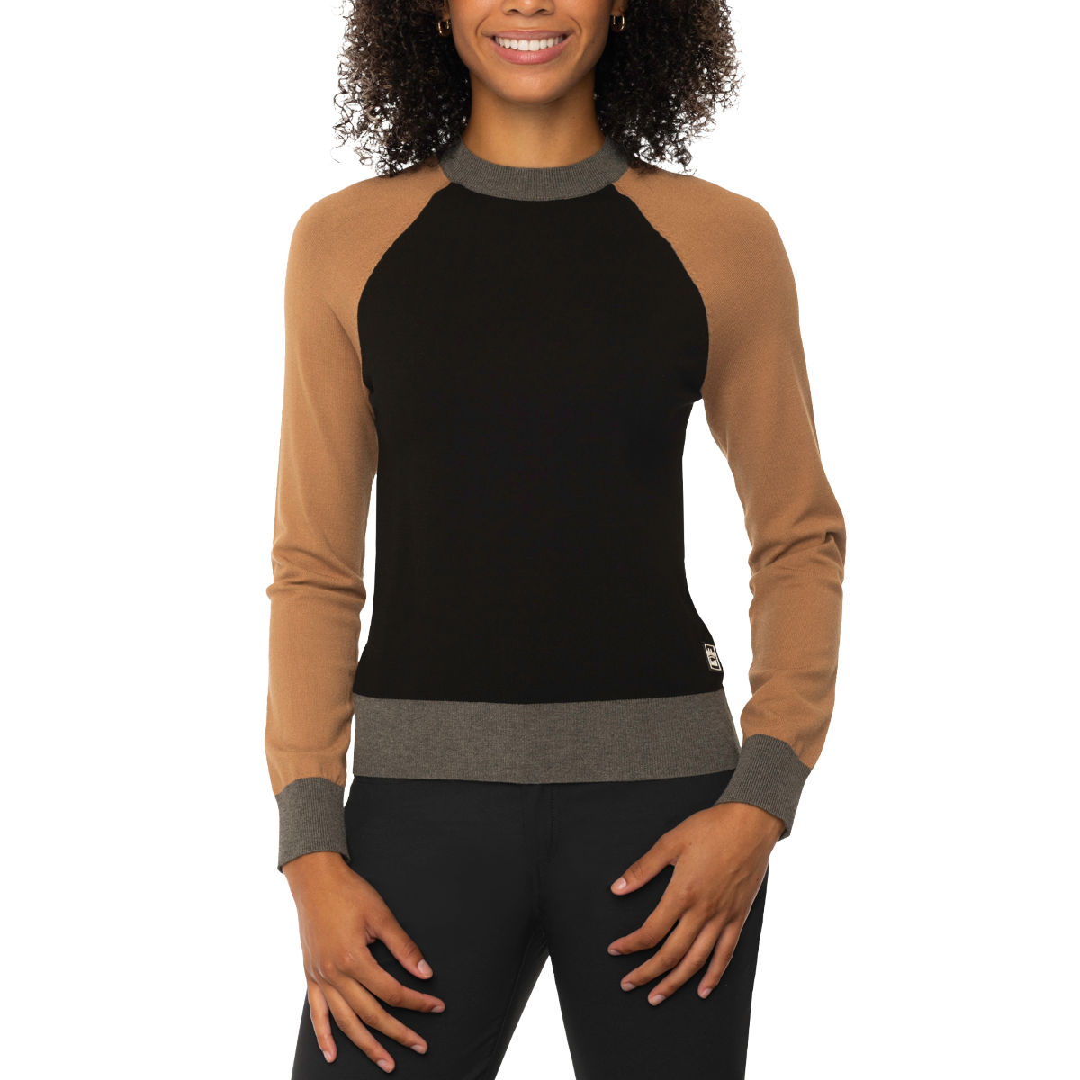 Kastel Women's Crewneck Color Block Sweater-Black/Camel/Heather Grey-Front View