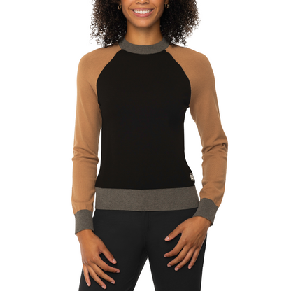 Kastel Women's Crewneck Color Block Sweater-Black/Camel/Heather Grey-Front View