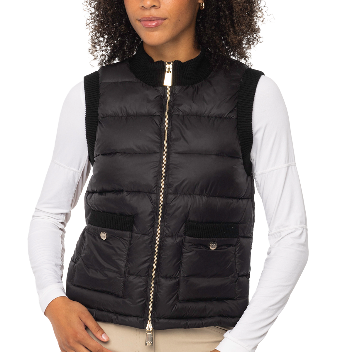 Women's Quilted Vest w/ Gold Zipper - Black - Front View