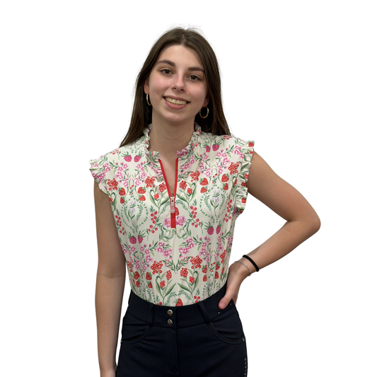 Kastel Women's Red Scandinavian Berries Ruffle Tank 1/4 Zip Sun Shirt