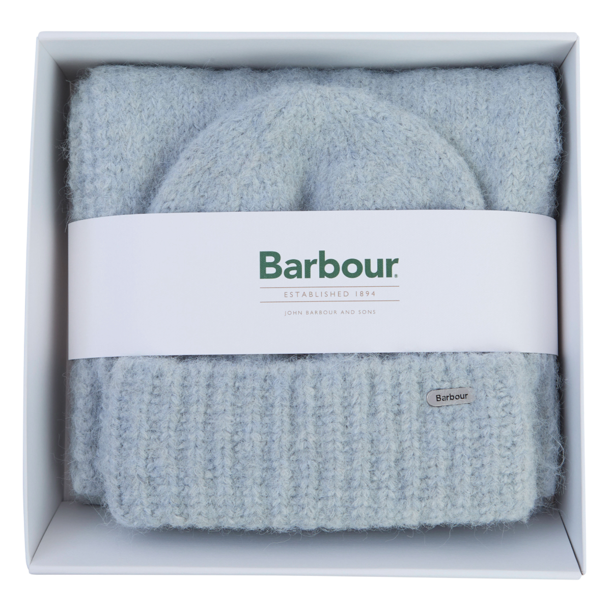 Barbour Emmy Beanie & Scarf Gift Set, soft blue, box view