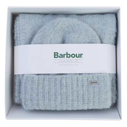 Barbour Emmy Beanie & Scarf Gift Set, soft blue, box view