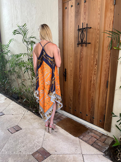 Stacy Bradley Design - Silk Dress - Orange and Blue Bit