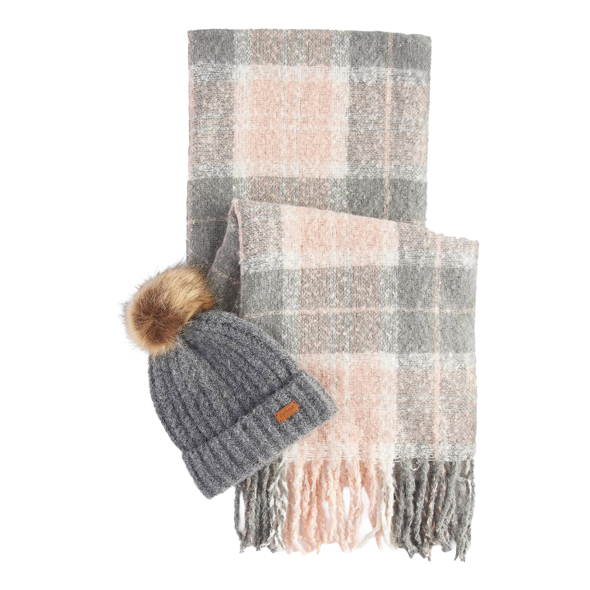 Barbour Saltburn Beanie & Tartan Scarf Set, grey rose, hat and scarf view