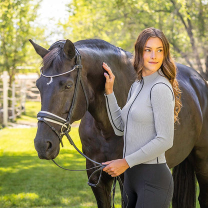 Kastel Dove Gray Ribbed Mock Neck Sweater with Black Piping