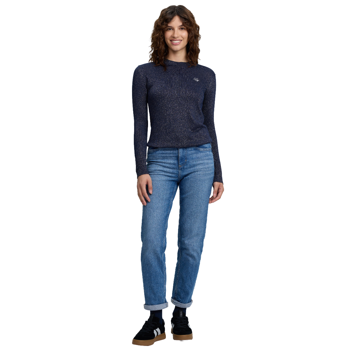LeMieux Women's Lustre Sparkle Crew Knit Jumper model view in sapphire 