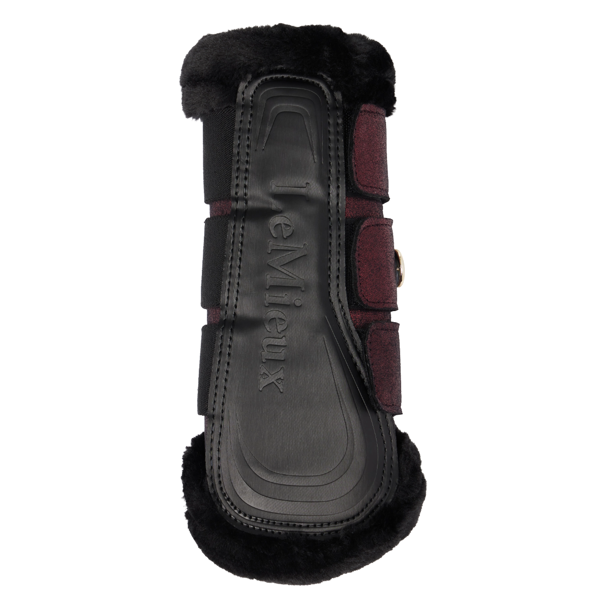 LeMieux Lustre Fleece Edged Brushing Boots logo view in Garnet
