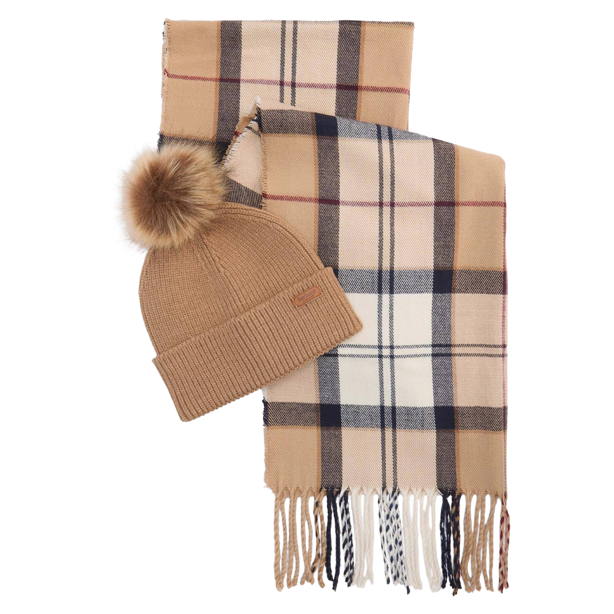 Barbour Dover Beanie & Hailes Scarf Gift Set, Hessian Tartan, hat and  scarf view