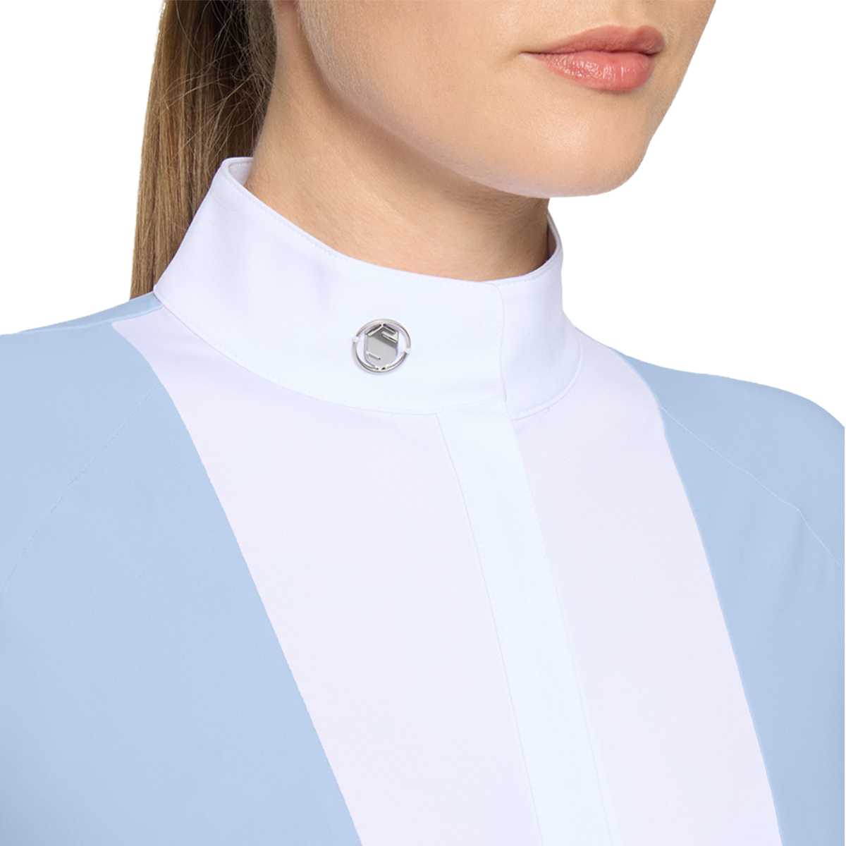 Samshield Women's Lucia Sport Long Sleeve Show Shirt, Cashmere Blue,  collar view