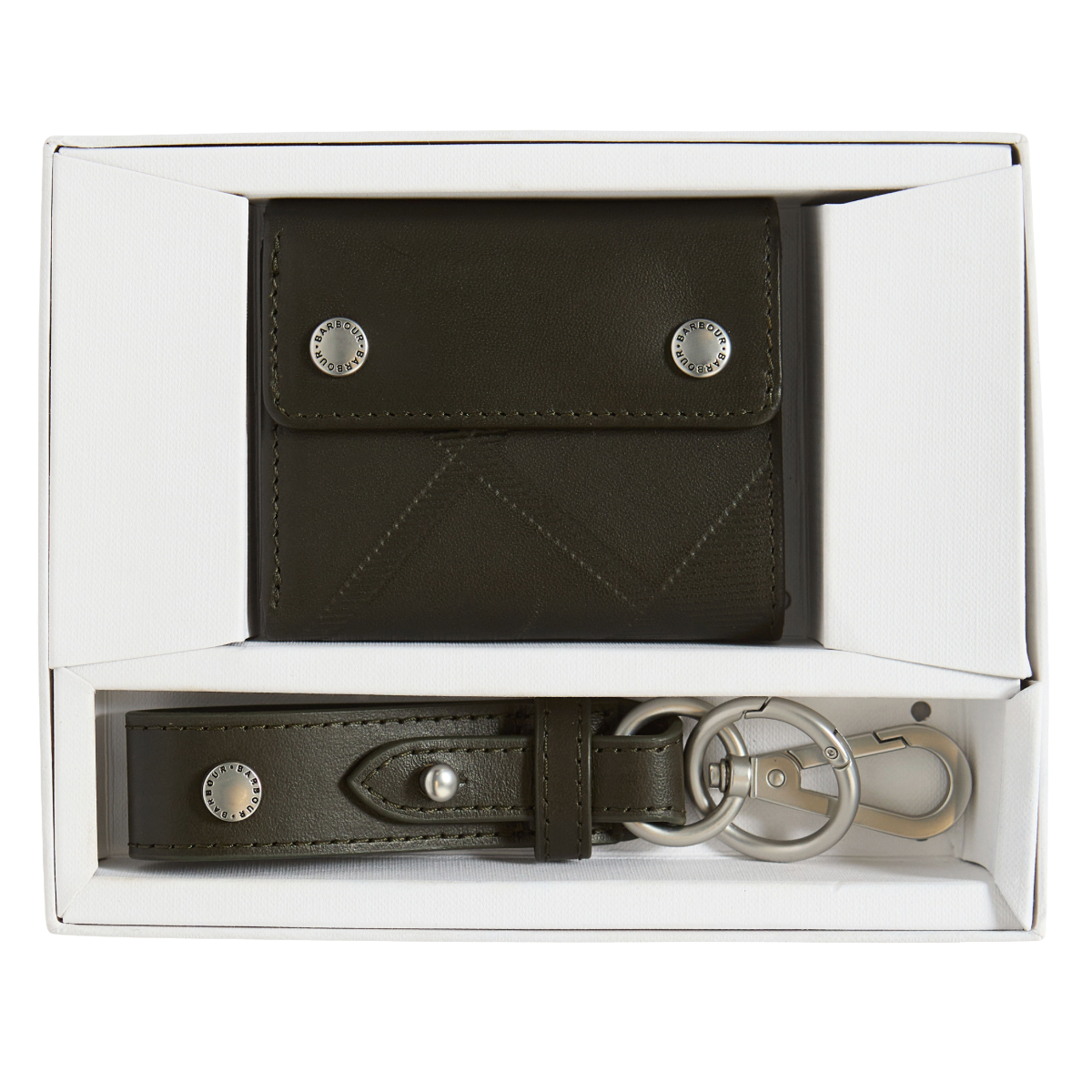 Barbour Brunton Leather Wallet & Key Fob Gift Set, dark olive, front view