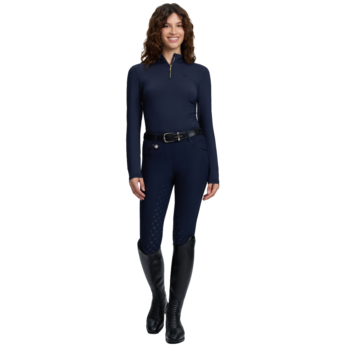 LeMieux Women's Lustre Ruched Long Sleeve Base Layer  Model view in Sapphire