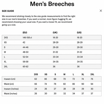 Maya Delorez Men's Cargo Half Seat Breeches-Size Chart
