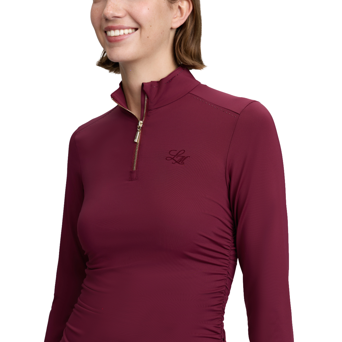 LeMieux Women's Lustre Ruched Long Sleeve Base Layer  Model view in garnet