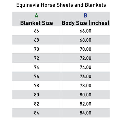 Equinavia Luksus Premium Stable Blanket size chart