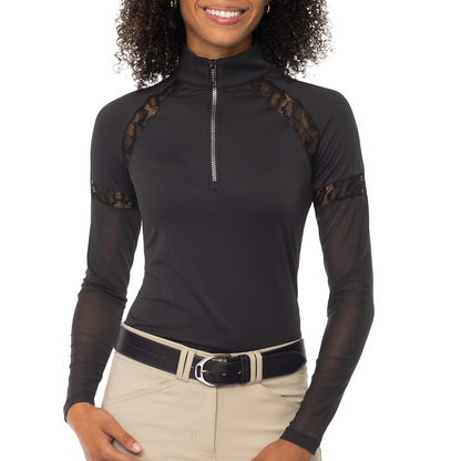 Kastel Women's 1/4 Zip Long Sleeve Shirt w/ Floral Lace Insets, Mesh Sleeves, & Crystal Zipper-Black-Front View