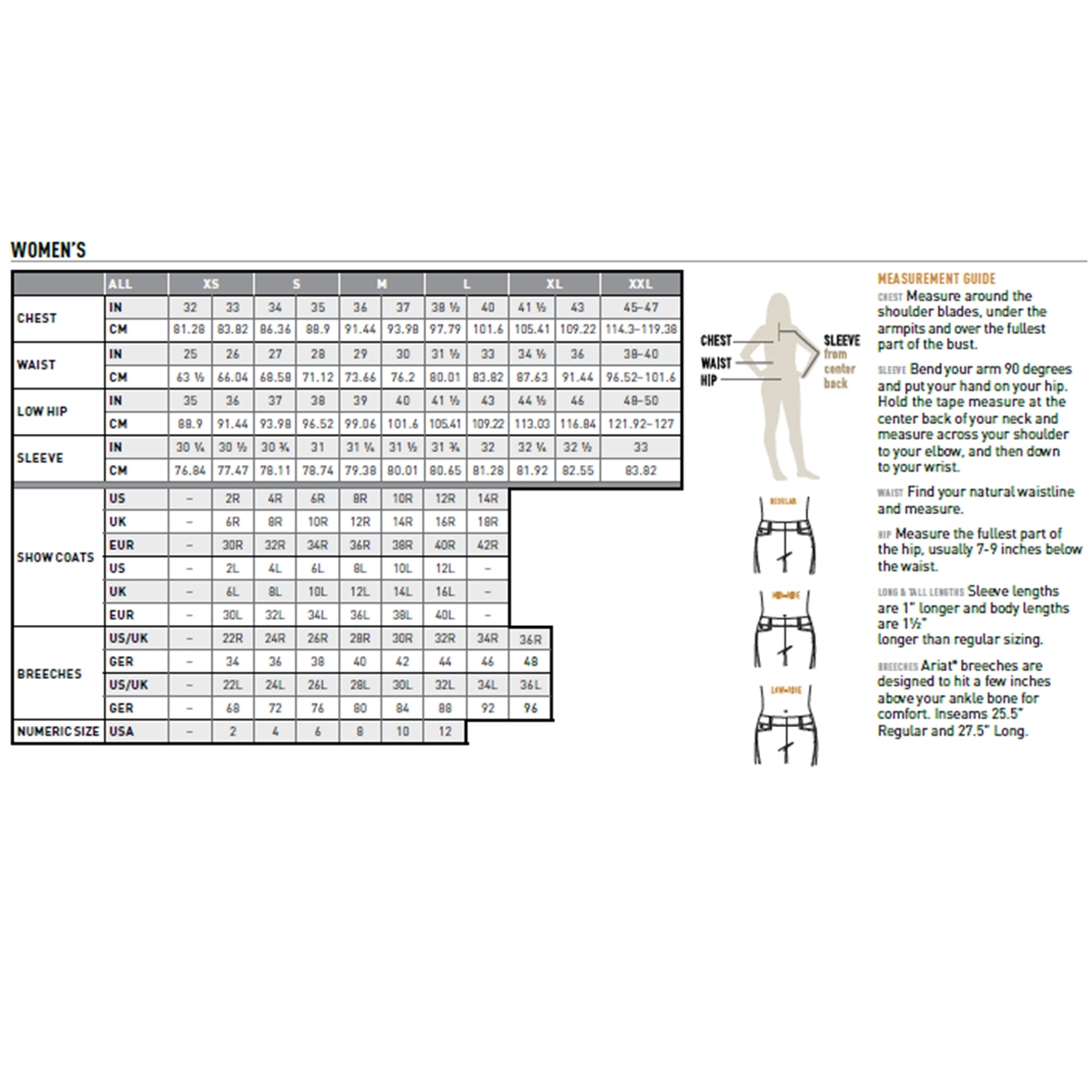 Ariat Women's Skadi Full Zip Jacket size chart