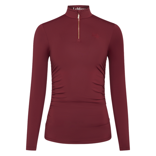 LeMieux Women's Lustre Ruched Long Sleeve Base Layer  front view in Garnet