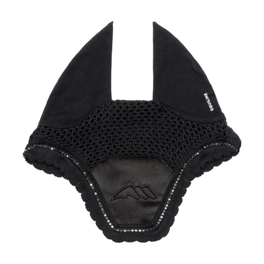 Image 1: Equiline EQENTI Velvet & Rhinestone Ear Bonnet -Black- front view
