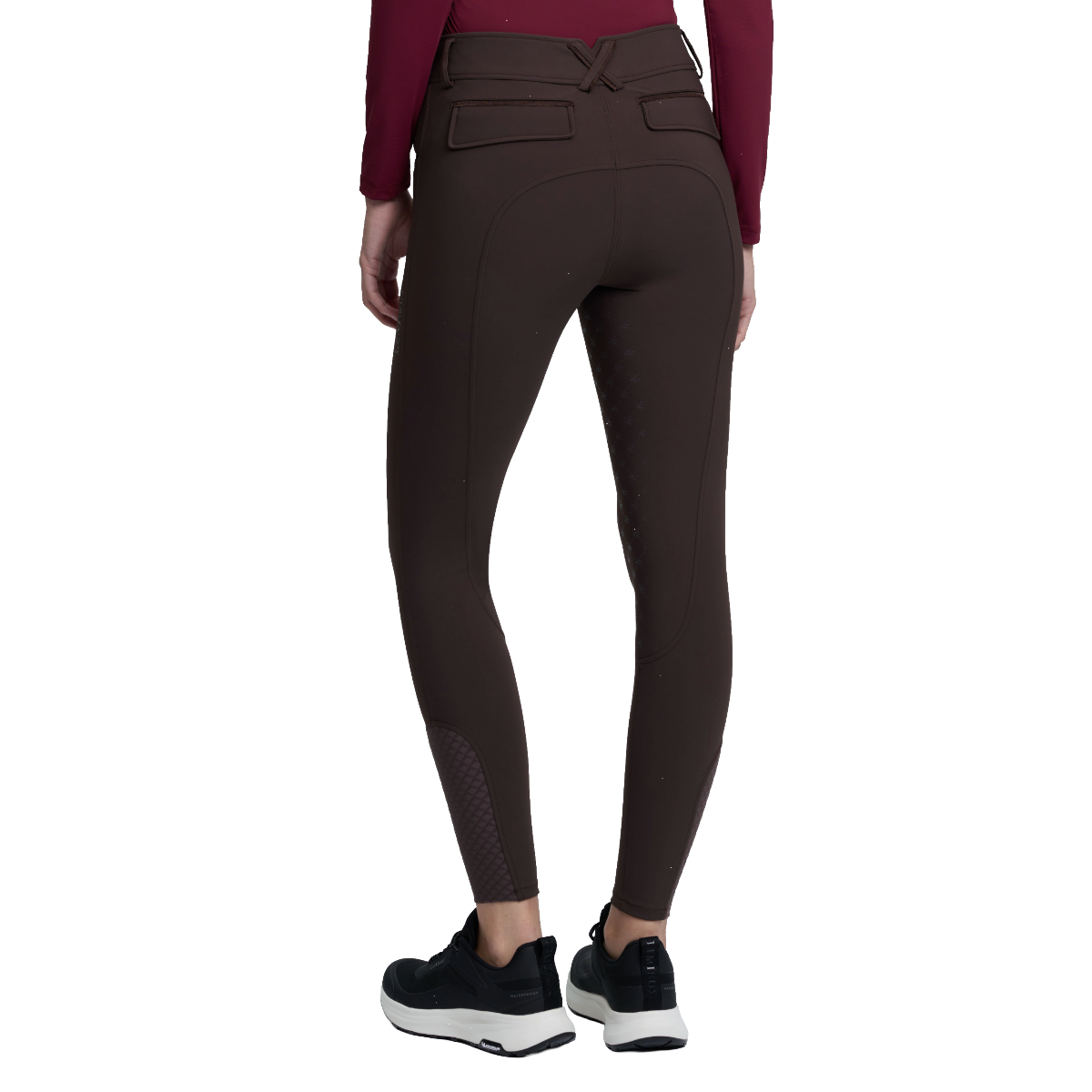 LeMieux Women's Lustre Half Seat Breggings model back view in  Espresso 