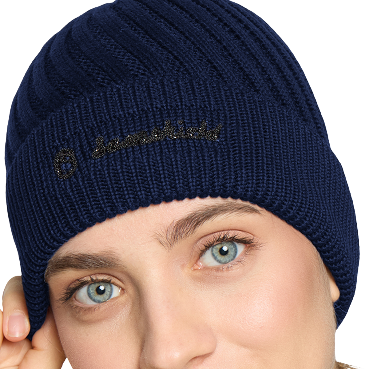 Samshield Women's Izia Beanie, Navy, close up logo view