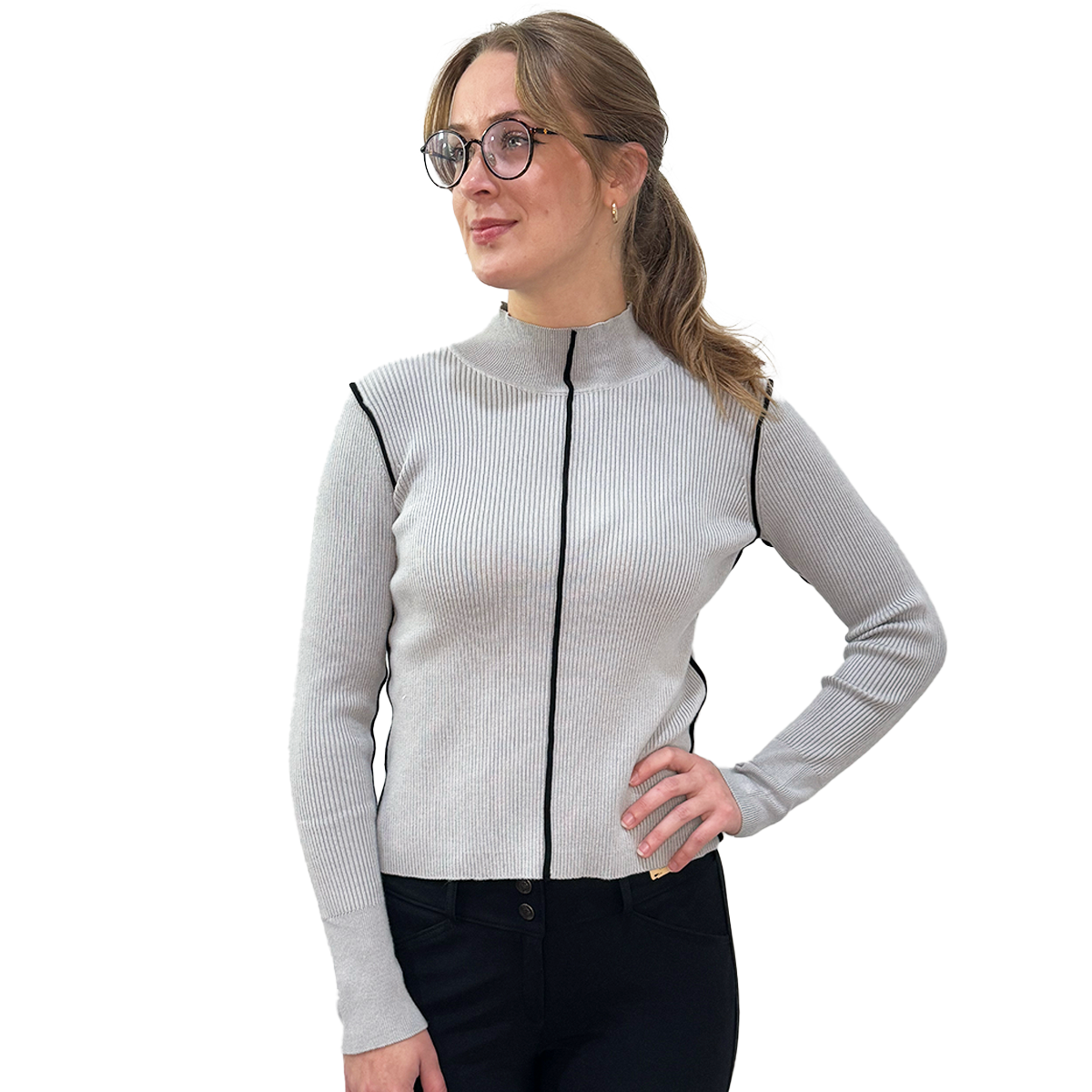 Kastel-Dove Gray Ribbed Mock Neck Sweater with Black Piping-Front View