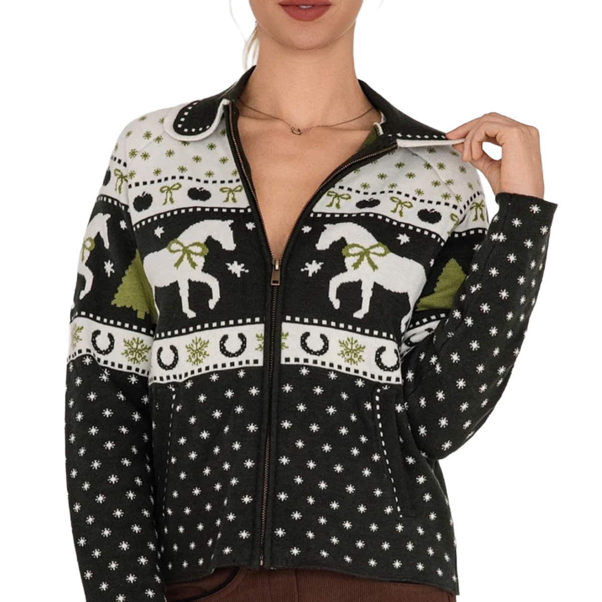 Dapplebay Womens Gift Horse Sweater Model forward facing collar detail green