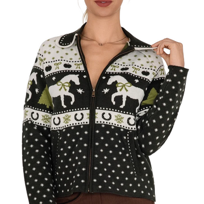 Dapplebay Womens Gift Horse Sweater Model forward facing collar detail green