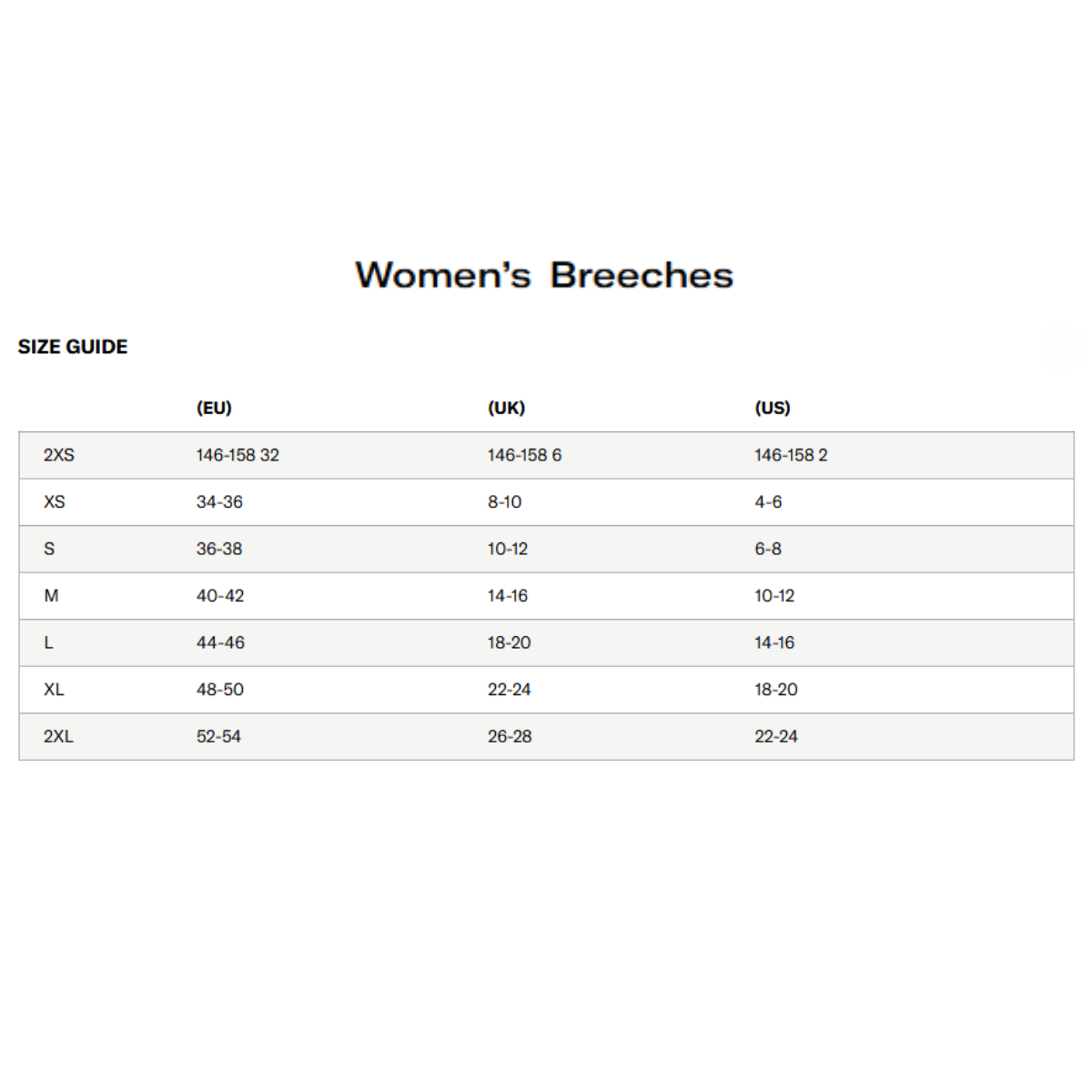 Maya Delorez Women's Half Seat Compression Breeches-Size Chart