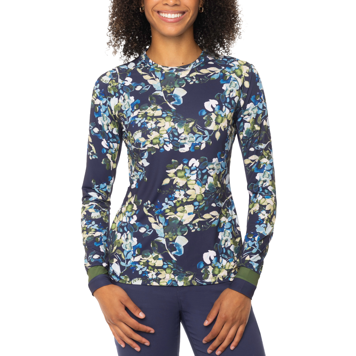 Kastel Women's Long Sleeve Crewneck w/ Striped Cuff-Navy Watercolor Floral-Front View