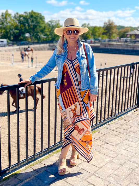 Stacy Bradley Design - Silk Dress - Light Blue & Orange Horse