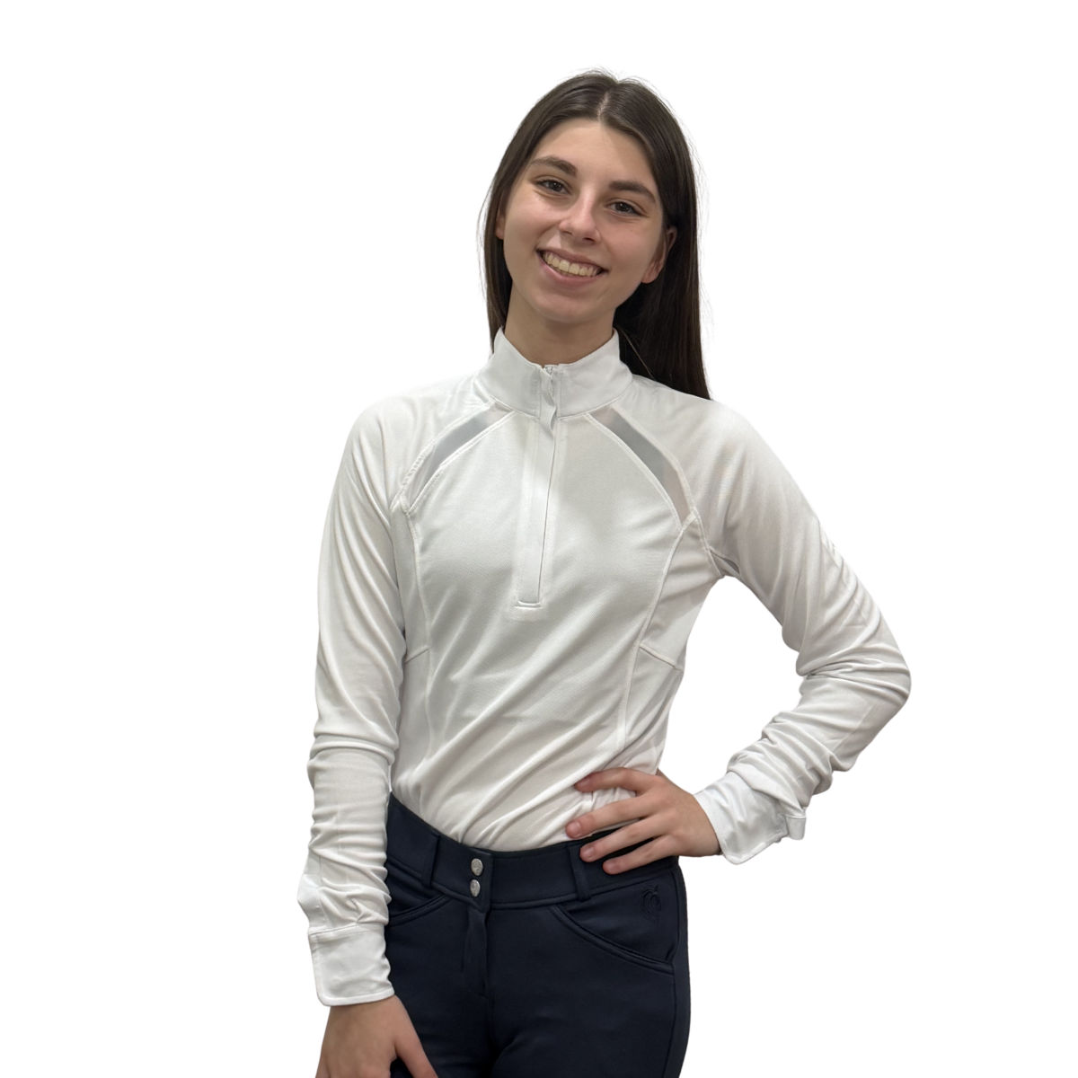 Equinavia Women's Ingrid Long Sleeved Show Shirt model view in white