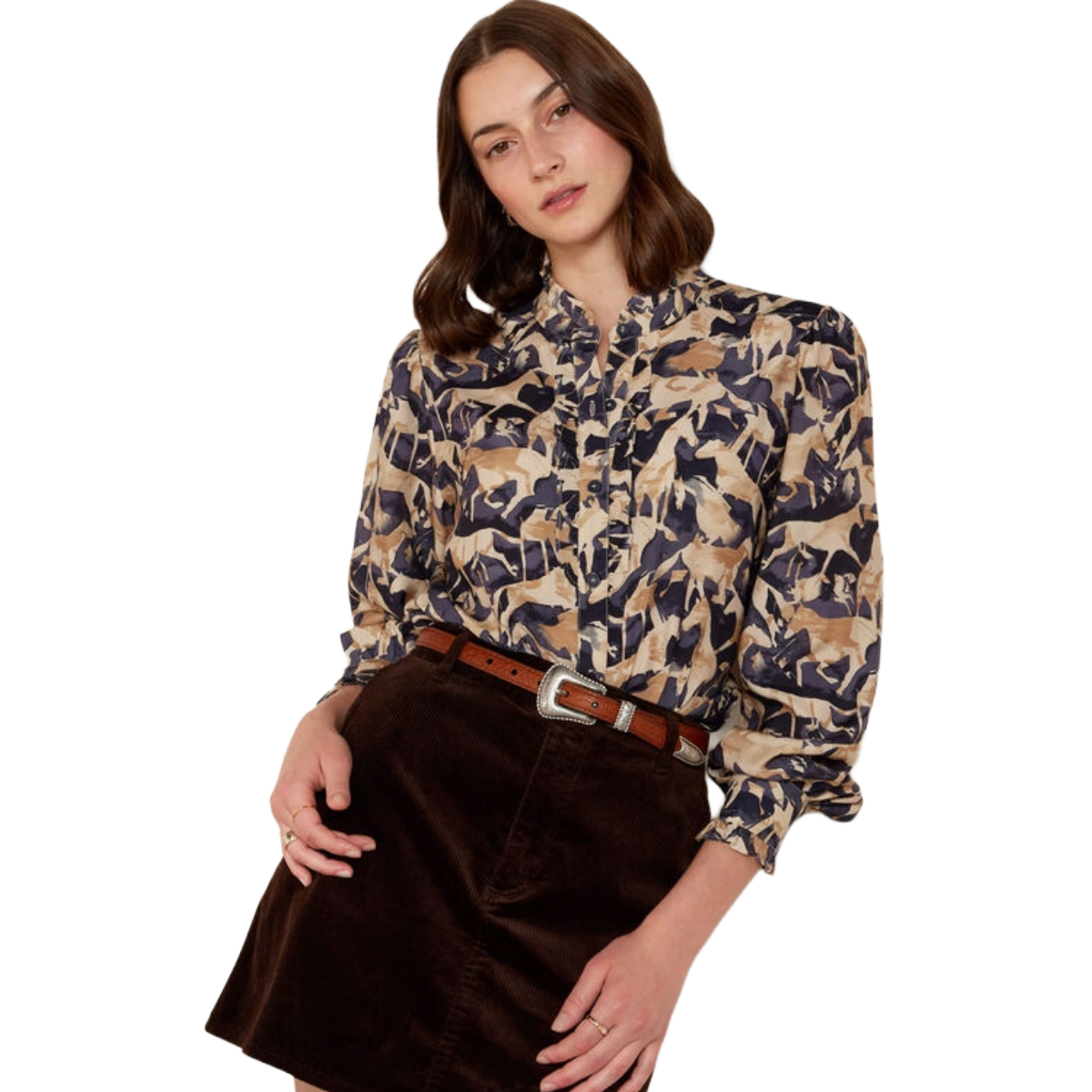 Ariat Women's Cricklade Blouse model view in Navy Coinside print