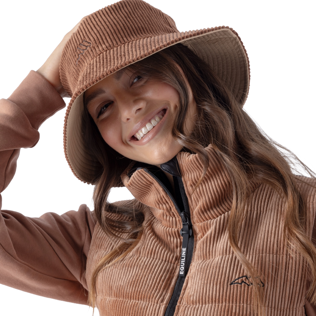 Equiline EQREV Reversible Corduroy Bucket Hat in brown - fit view