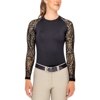 Kastel Women's Black Floral Lace Long Sleeve Raglan Crewneck Sun Shirt