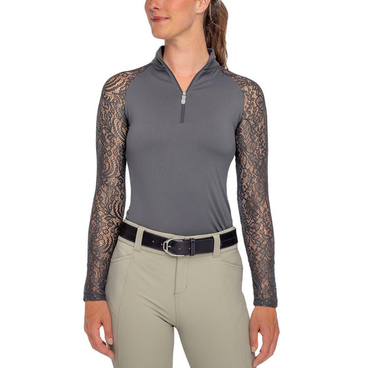 Kastel Slate Floral Lace Raglan Long Sleeve 1/4 Zip Shirt