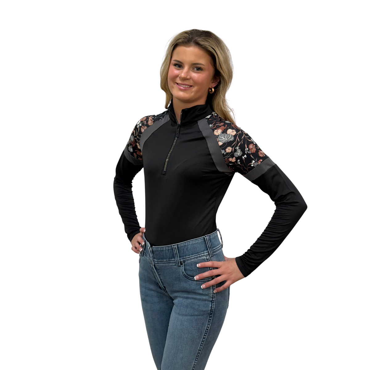 Kastel Women's 1/4 Zip Long Sleeve Paneled Raglan With Crystal Zipper