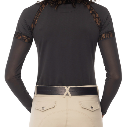 Kastel Women's 1/4 Zip Long Sleeve Shirt w/ Floral Lace Insets, Mesh Sleeves, & Crystal Zipper-Black-Back View