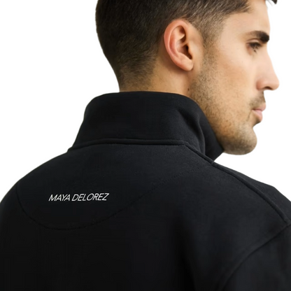 Maya Delorez Men's Zip-up Sweater-Black-Logo Back Neck View