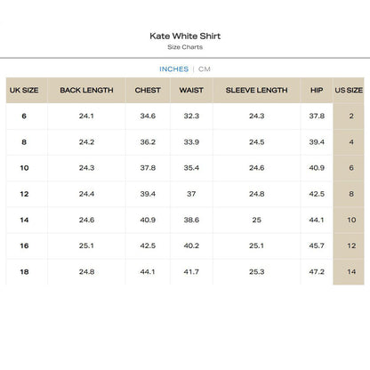 Size chart for Welligogs Kate White Shirt with measurements in inches and centimeters.