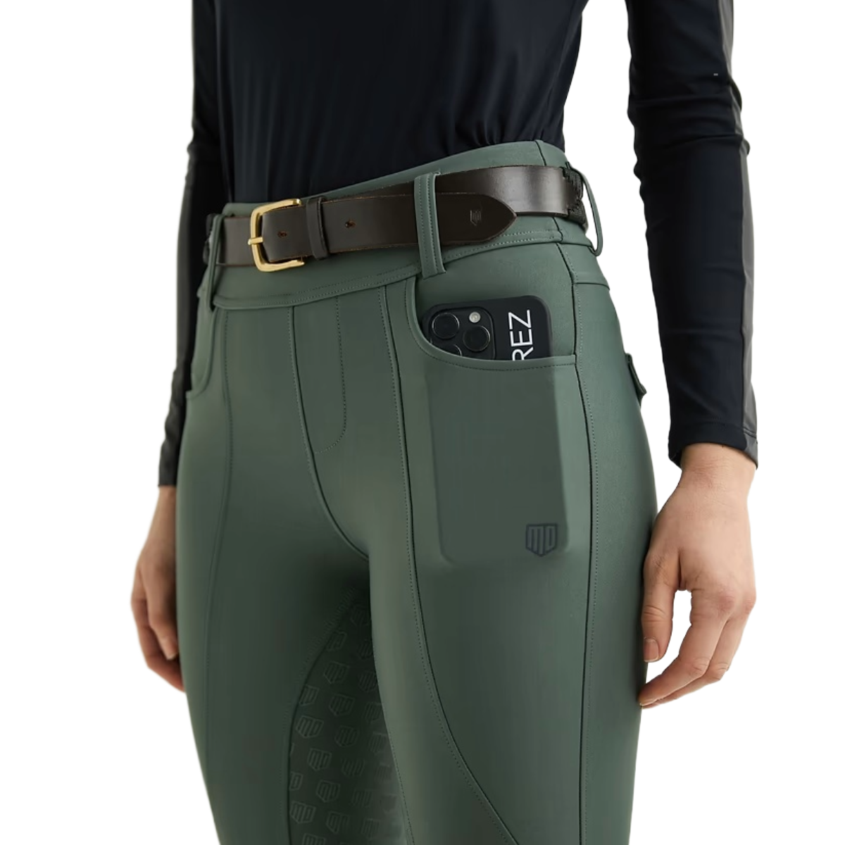 Maya Delorez Women's Half Seat Compression Breeches-Moss Green-Front pocket View