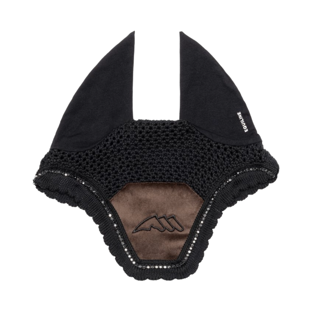 Image 2: Equiline EQENTI Velvet & Rhinestone Ear Bonnet - velvet patch detail
