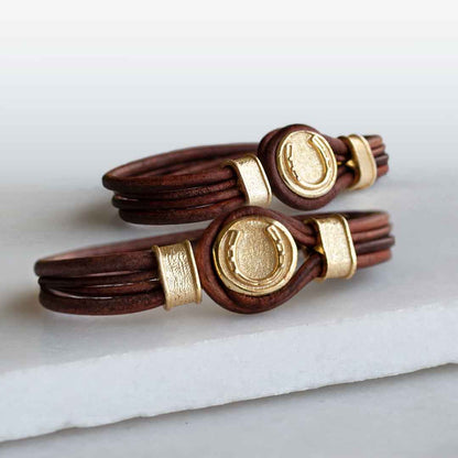 Urban Equestrian  Colton - Horseshoe Dome Laced Equestrian Bracelet Gold or Silver on Brown