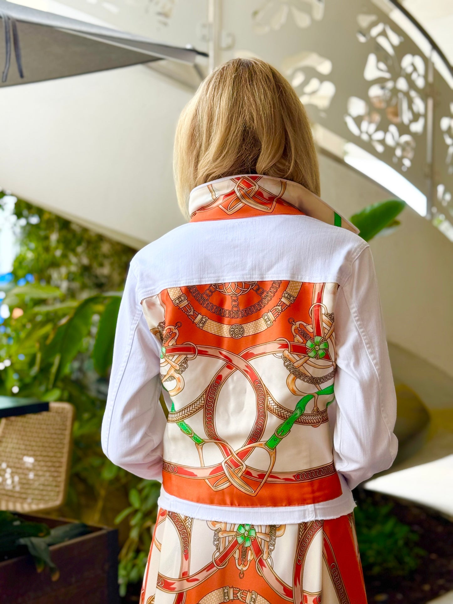 Stacy Bradley Design, White Denim Jacket - Orange Stirrup