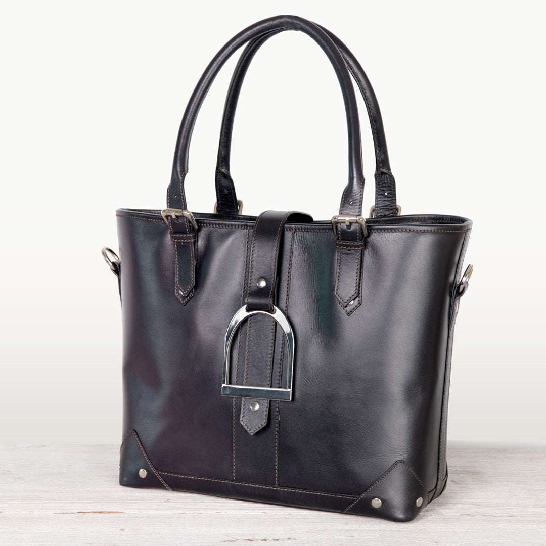 Urban Equestrian  Signature - Riding Stirrup Tote Luxury Leather Handbag in Black